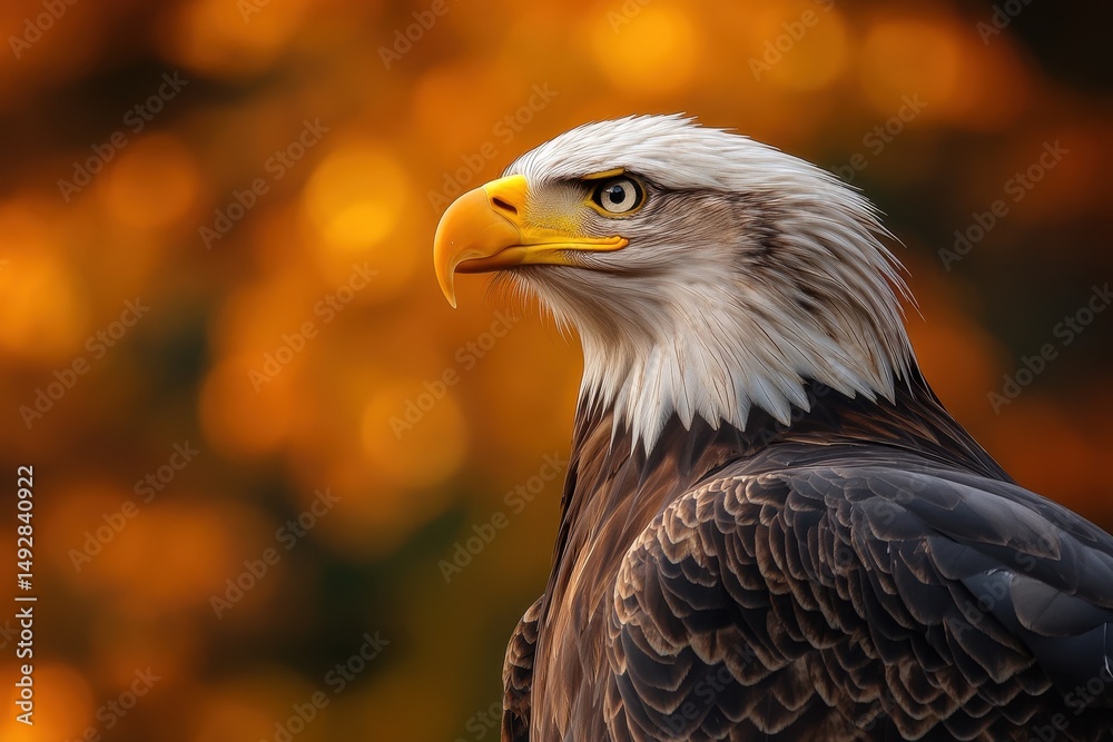 Obraz premium Majestic eagle perched against a backdrop of blurred autumn colors, Closeup of majestic eagle against blurred autumnal background