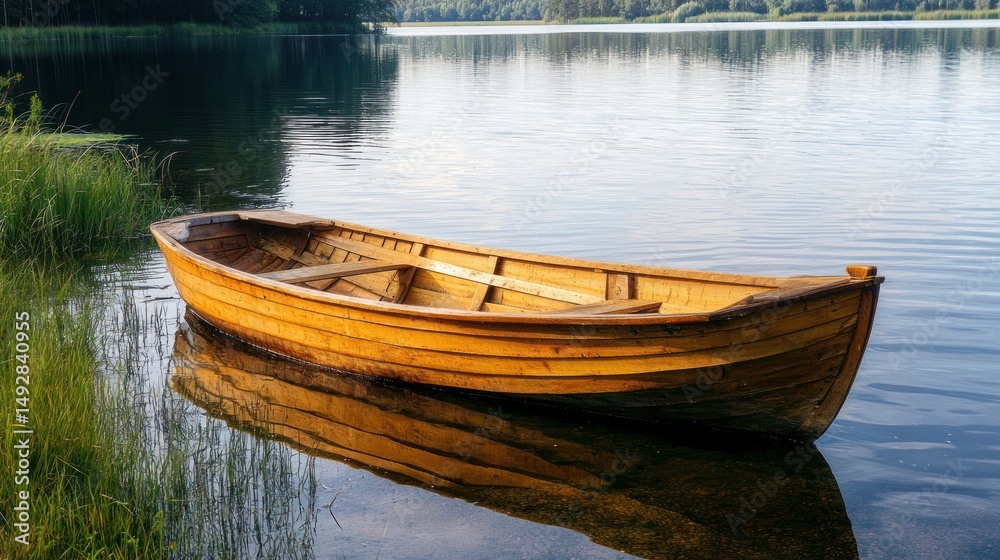 Obraz premium A small wooden boat drifting peacefully on a still lake