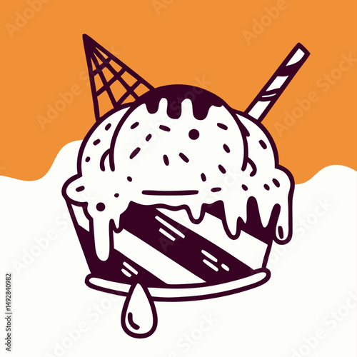 Melting Ice Cream Sundae Illustration: Cone, Straw, Stripes