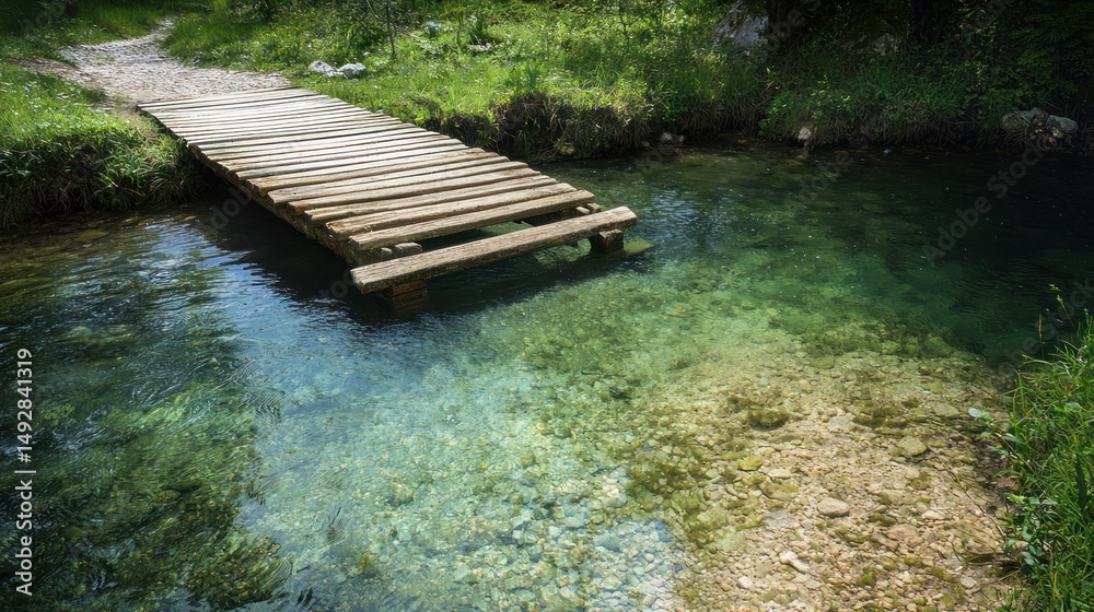 Fototapeta premium A small wooden bridge crossing a crystal-clear stream in the countryside