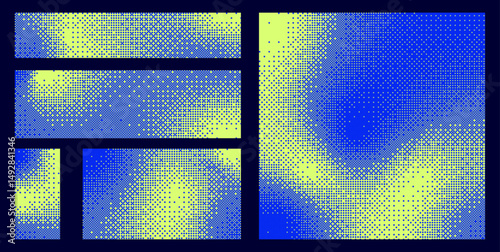 Blue green pixelated bitmap texture background set. Retro pixel art, glitch dither pattern, 8 bit background. Leisure or arcade games duotone border frame. Vector illustration