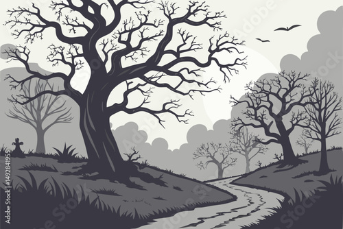 57 spooky haunted forest, ominous clouds, gnarled twisted trees, dark moody atmospheric landscape, dramatic lighting, gothic horror style, intricate detailed digital painting