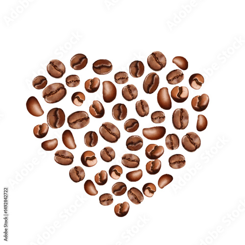 Realistic roasted coffee beans heart. Love espresso or cappuccino heart shape on white background. Coffee grains arabica design for cafe or package