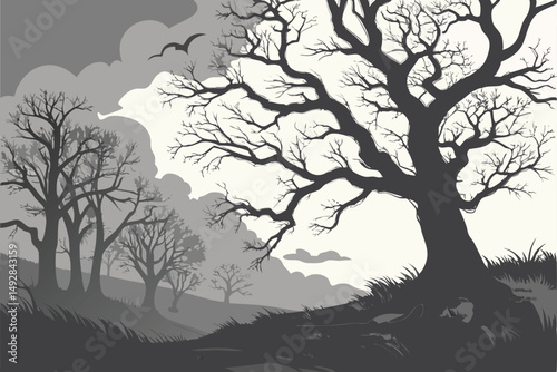 57 spooky haunted forest, ominous clouds, gnarled twisted trees, dark moody atmospheric landscape, dramatic lighting, gothic horror style, intricate detailed digital painting