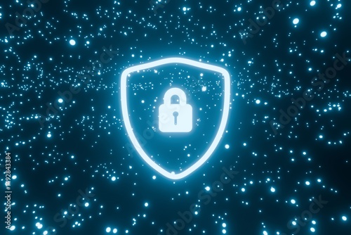 Glowing shield emblem against a dark, bokeh background Intricate details suggest digital security or protection. 3D rendered illustration