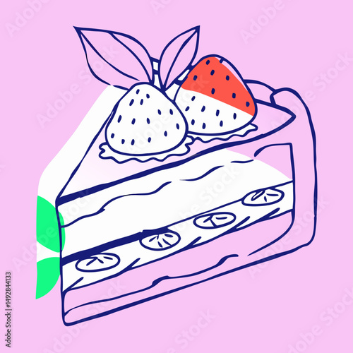 Strawberry Cake Slice Illustration, Dessert Drawing, Bakery Graphic