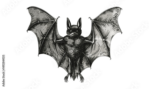 Antique Engraving of Bat with Spread Wings, Hand-drawn Wildlife Illustration, Vintage Forest Creature Sketch, Retro Black Etching, Monochrome Animal Art, Old Engraving Style