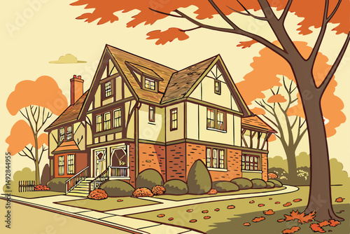 58 tudor revival style house, ornate facade, gabled roof, half-timbered detailing, brick and stucco construction, landscaped yard, autumn foliage, residential neighborhood