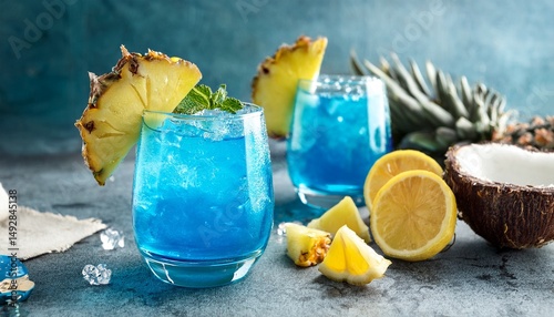refreshing blue lagoon cocktail with pineapple and lemon garnish iced summer drink tropical blue curacao recipe vibrant blue beverage crystal