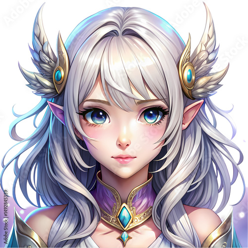 A Digital Portrait Ethereal Elf with Winged Headpiece isolated on transparent background