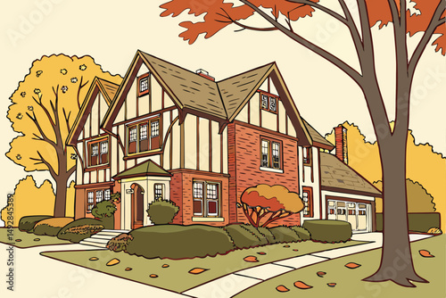 58 tudor revival style house, ornate facade, gabled roof, half-timbered detailing, brick and stucco construction, landscaped yard, autumn foliage, residential neighborhood