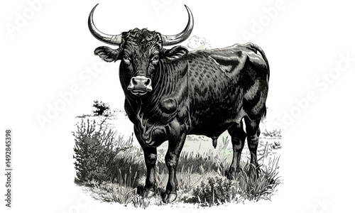 Antique Bull Engraving in Field, Monochrome Wildlife Etching, Rustic Nature Illustration, Vintage Farm Sketch, Detailed Animal Line Art, Old Engraving Style, Trendy Fauna Drawing.