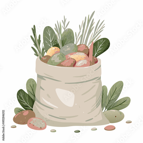 Rustic Sack Overflowing with Colorful Potatoes and Fresh Greenery Represents Bountiful Harvest and Natural Farm Produce Theme in Charming Illustrated Style