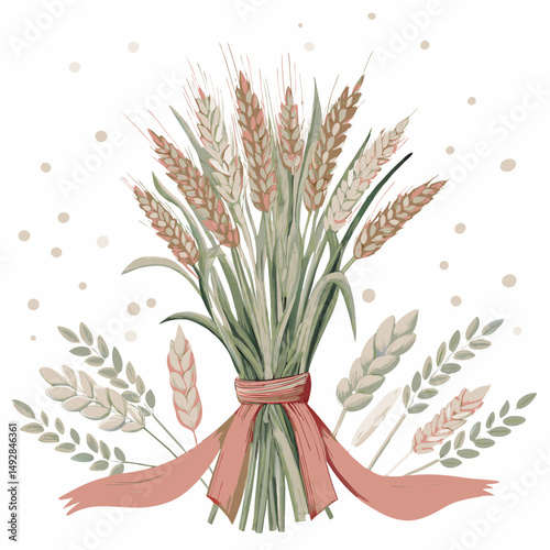 Aesthetic Wheat Bouquet with Soft Pink Ribbon Embracing Harvest's Charm on a Light Background With Delicate Dots Symbolizing Agriculture and Abundance