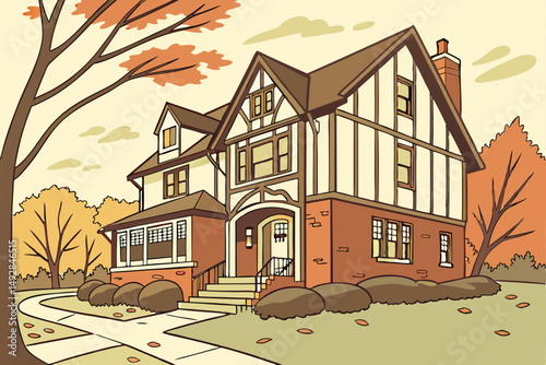 58 tudor revival style house, ornate facade, gabled roof, half-timbered detailing, brick and stucco construction, landscaped yard, autumn foliage, residential neighborhood