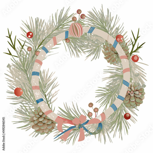 Festive Christmas Wreath Illustration Featuring Pine Branches, Pinecones, Red Berries, and a Candy Cane Garland Decorated with Pink and Blue Bows, Symbolizing Holiday Cheer and Tradition