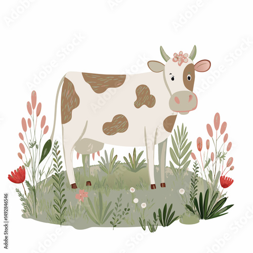 Whimsical Illustration of a Flower-Crowned Cow Standing Amidst Vibrant Greenery and Colorful Wildflowers, Evoking a Sense of Peaceful Countryside Charm