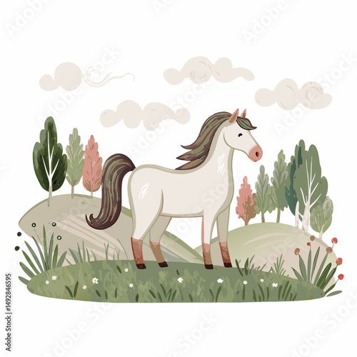 Whimsical Horse in a Pastel Forest Landscape Surrounded by Soft Clouds and Lush Greenery Embraces the Tranquility of Nature's Beauty