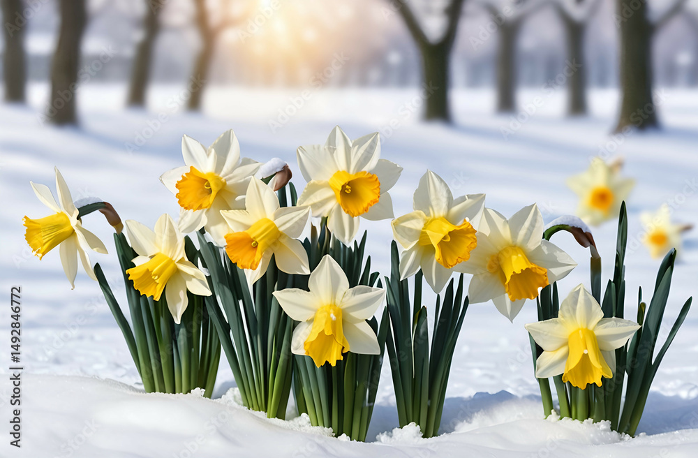 Fototapeta premium daffodils in snow background