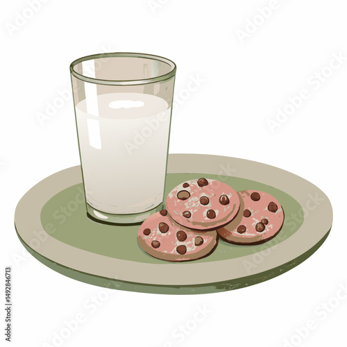 A cozy and inviting illustration showcasing a glass of milk paired with three chocolate chip cookies on a green plate, evoking a sense of warmth and comfort in a home-like setting.