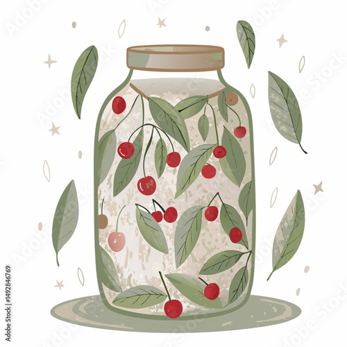 Whimsical Jar Illustration with Floating Green Leaves and Vibrant Red Berries Symbolizing Nature's Freshness and the Beauty of Botanical Elements