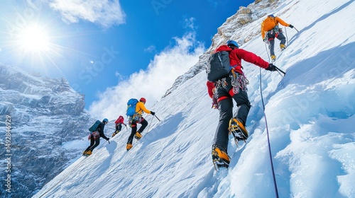 A team of climbers ascending an icy slope, using ropes and crampons
