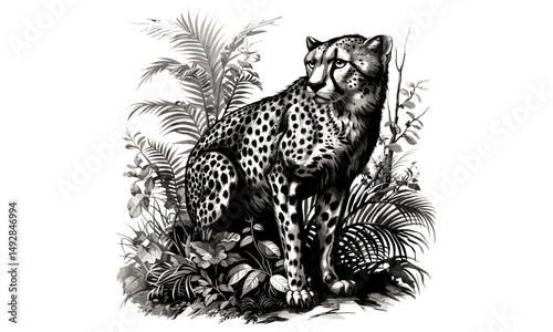 Antique Cheetah Etching, Vintage Jungle Fauna Illustration, Rustic Wild Cat Sketch, Retro Safari Artwork, Monochrome Wildlife Print, old engraving style, nature line drawing