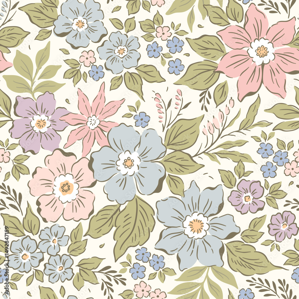 Cute floral pattern in small flowers. Small blue and lilac hand drawn roses flowers. White background. Ditsy print. Floral seamless background. Template with flowers for fashion prints. Stock pattern.