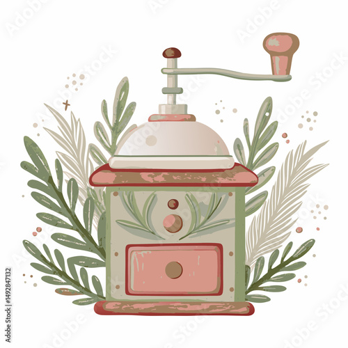 Charming Vintage Coffee Grinder Illustration with Pastel Hues and Leaf Accents Evoking Nostalgic Rustic Elegance and Homey Comfort