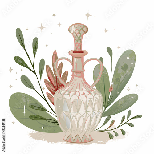 A vintage crystal decanter with intricate patterns is elegantly showcased amidst lush green leaves and subtle floral accents, evoking a sense of timeless elegance and natural beauty.
