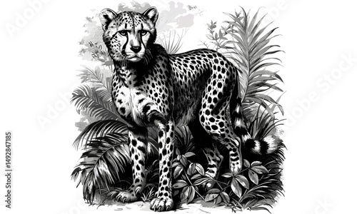 Vintage Cheetah Engraving in Jungle, Antique Wildlife Etching, Rustic Wild Cat Line Art, Retro Safari Drawing, Black Sketch Illustration, Monochrome Nature Print, jungle animal art,