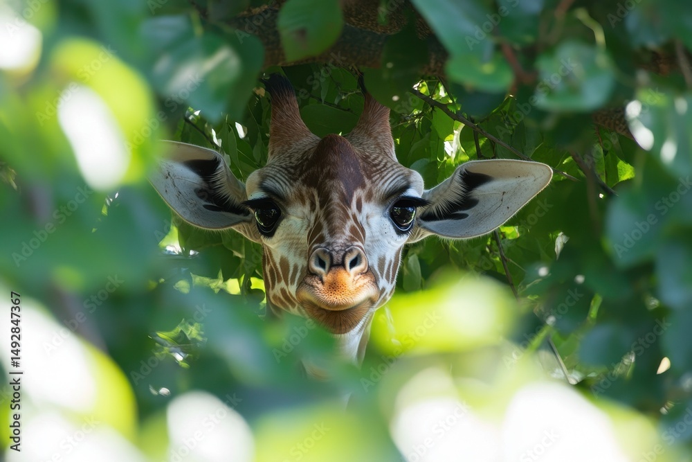 Obraz premium Curious giraffe peeks through vibrant leaves in a sunny natural habitat, Giraffe peeking through leaves with curious expression