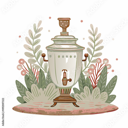 Vintage Samovar Surrounded by Foliage and Flowers Illustrating Traditional Hospitality and Cultural Heritage in a Serene Nature-inspired Setting