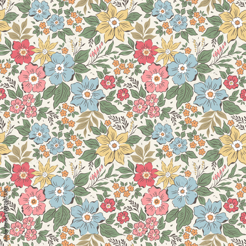 Vintage seamless floral pattern. Liberty style background of small pale colorful flowers. Small flowers scattered over white background. Stock vector for printing on surfaces. Realistic cute flowers