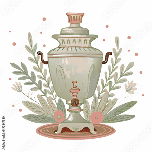 Vintage Samovar with Floral Accents, Symbolizing Tradition and Warmth, Against a Delicate Backdrop of Leaves and Softly Colored Flowers on a White Background