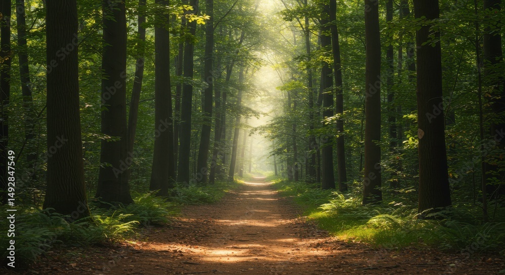 Obraz premium Serene Forest Path Sunlit Trail Through Lush Green Trees Magical Woodland Scene