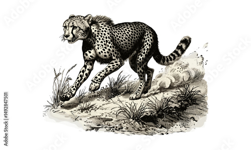 Rustic Cheetah Sprint Illustration, Wild Cat Vintage Engraving, Retro Animal Line Art, Monochrome Nature Etching, Old Style Fauna Drawing, detailed wildlife sketch