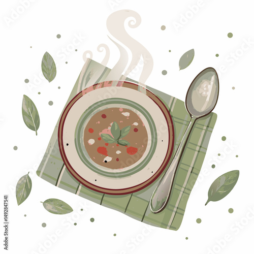 A cozy and inviting illustration of a steaming bowl of vegetable soup on a checkered napkin with a spoon nearby, evoking warmth, comfort, and the essence of home-cooked meals.