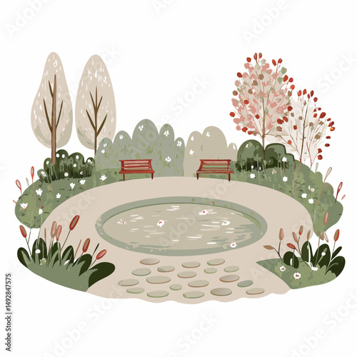 Tranquil Garden Oasis Featuring a Serene Pond and Benches Amidst Blossoming Trees and Lush Greenery in a Peaceful Park Setting