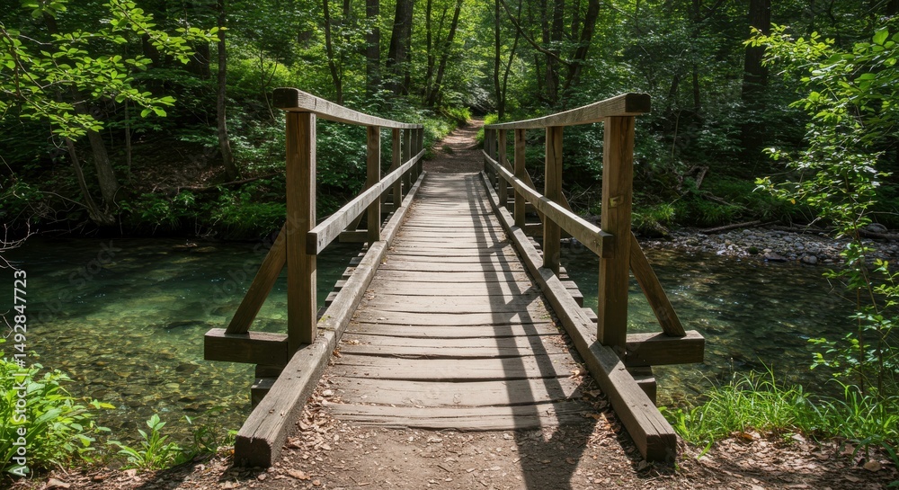 Wooden Footbridge Over Creek in Sun Dappled Forest Path Wooden Footbridge Over Creek in Sun Dappled Forest Path