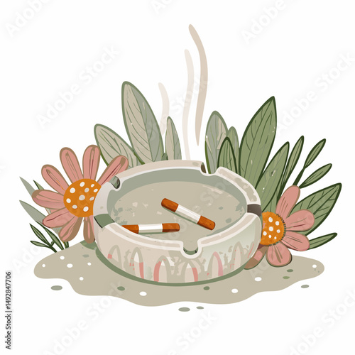 A ceramic ashtray with burning cigarettes emits smoke, surrounded by vibrant flowers and lush green leaves, symbolizing the tension between nature and smoking habits.