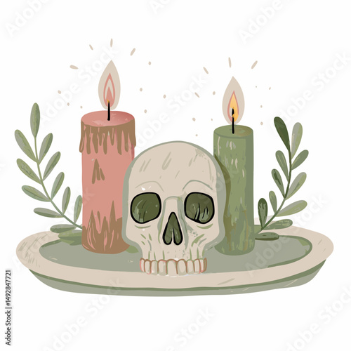 Whimsical Halloween Arrangement with Lit Candles and Skull Surrounded by Greenery on Decorative Plate Evoking Mystery and Magic