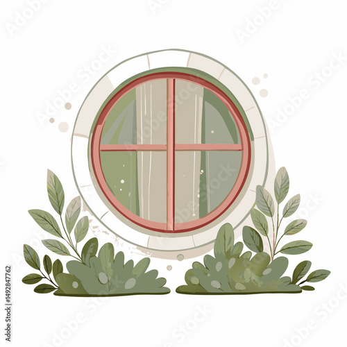 Round Cottage Window with Greenery and Soft Earth Tones Symbolizing Peaceful Home Life and Cozy Architectural Design in a Serene Garden Setting