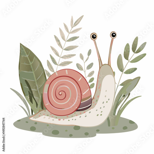 Charming Cartoon Snail Among Lush Greenery Illustrating Tranquil Garden Life with Soft Colors and Whimsical Style Representing Nature's Slow Pace and Serenity