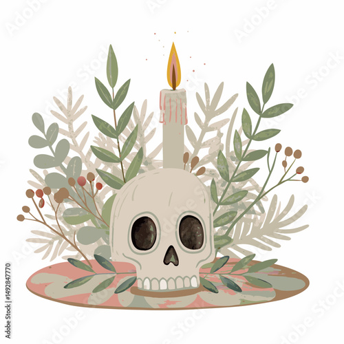 Symbolic Still Life with Skull and Candle Surrounded by Lush Foliage, Capturing Themes of Mortality and Nature's Cycle in a Serene and Contemplative Composition