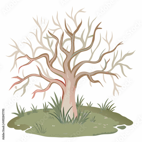A bare tree with no leaves, representing seasonal change, the cold period of winter, natural decay, minimalism in nature, and environmental stillness
