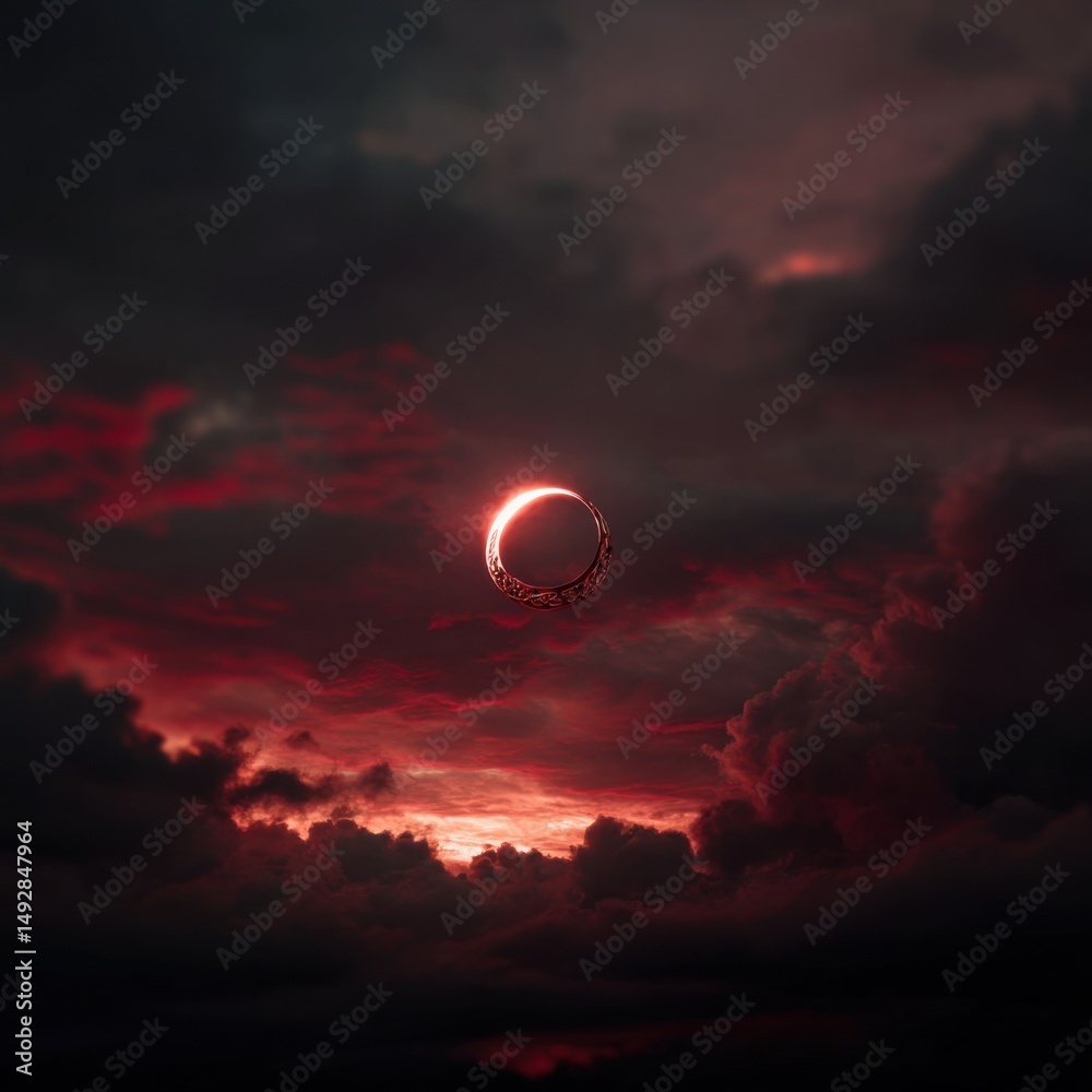 Obraz premium Ornamental ring floating in a dramatic red sky with dark clouds, artistic fantasy scene, eye-level shot, surreal