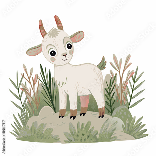 Adorable Cartoon Goat Standing in Lush Greenery Illustrates Cheerful Nature Scene with Cute Animal Character in Playful, Whimsical Style Amidst Flowing Grass and Bushes