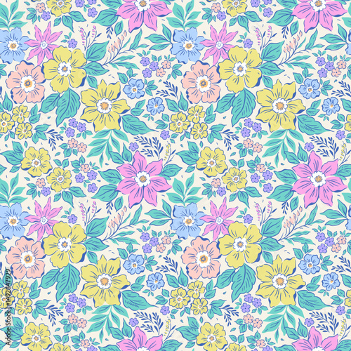 Vintage seamless floral pattern. Liberty style background of small pastel colorful flowers. Small flowers scattered over a white background. Stock vector for printing on surfaces. Realistic flowers.
