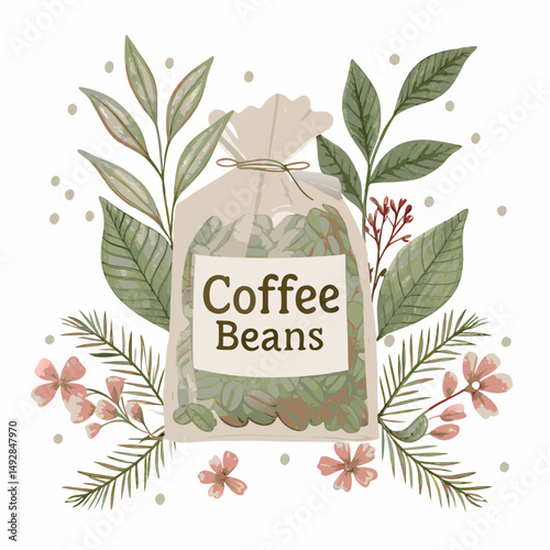 Illustration of a Coffee Bean Sack Surrounded by Leaves and Flowers, Capturing Nature's Essence and the Freshness of Raw Coffee Beans in a Rustic Style